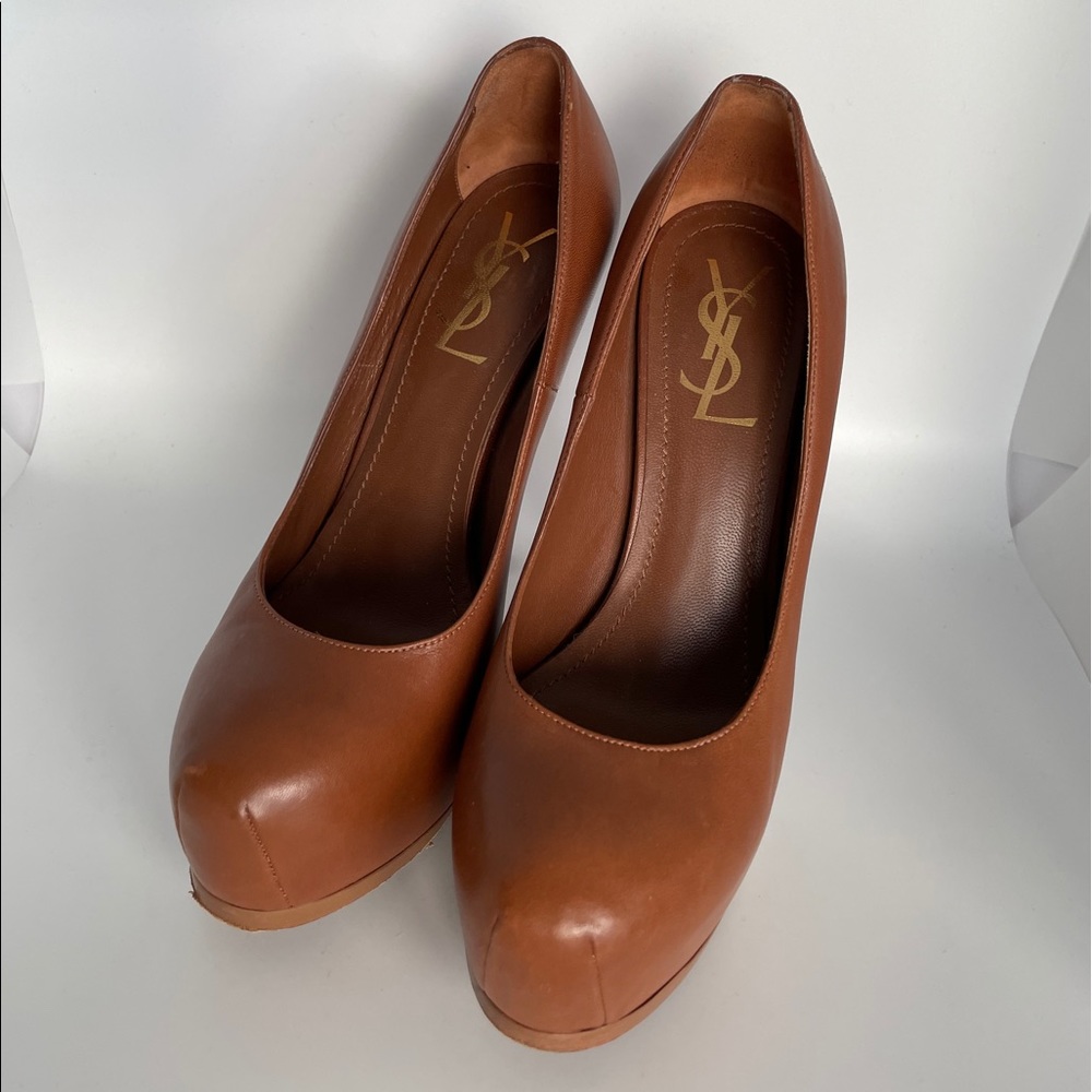 ⭐️Saint Laurent Tribtoo Camel Leather Platf.Pumps